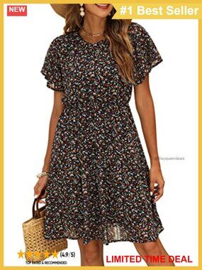 Chiffon Floral Summer Dress Knee-Length Flutter Sleeve Casual